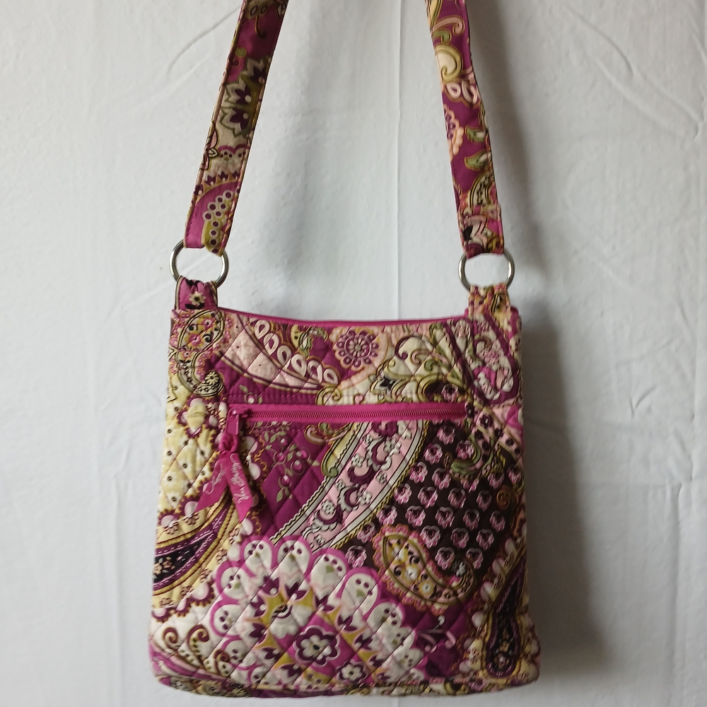 Vera Bradley Pink and Green Crossbody Bag Quilted Zipper Pockets Oz